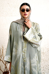 Suhainael Sage Botanical Print Silk Blend Abaya by Archana Shah