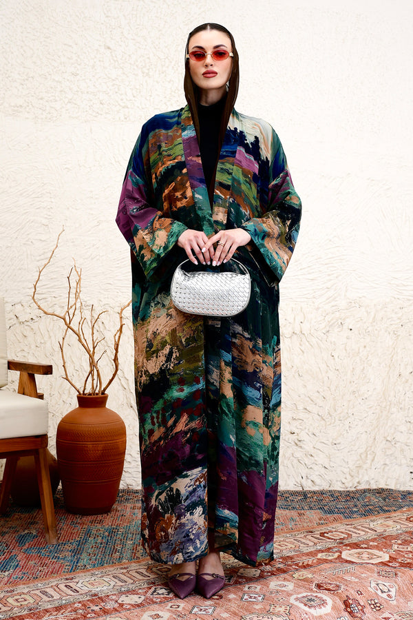 olyara Abaya – brushstroke print satin silk abaya by Archana Shah