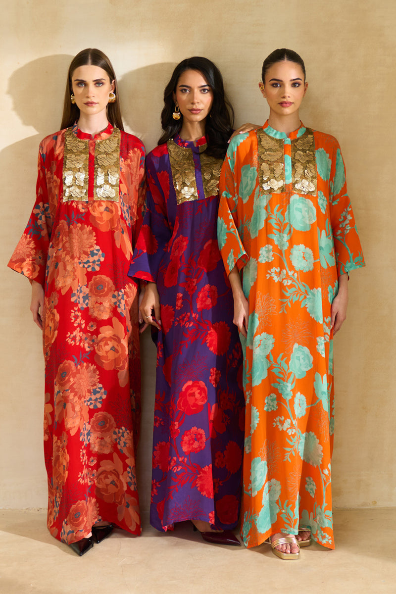 Naima Jalabiya – Red Floral Silk jalabiya | Archana Shah
