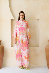 Zahira pink-orange silk jalabiya with sequined floral artwork by Archana Shah