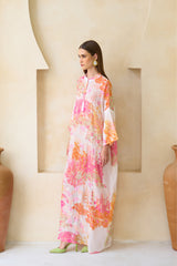 Zahira pink-orange silk jalabiya with sequined floral artwork by Archana Shah