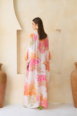 Zahira pink-orange silk jalabiya with sequined floral artwork by Archana Shah