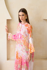Zahira pink-orange silk jalabiya with sequined floral artwork by Archana Shah