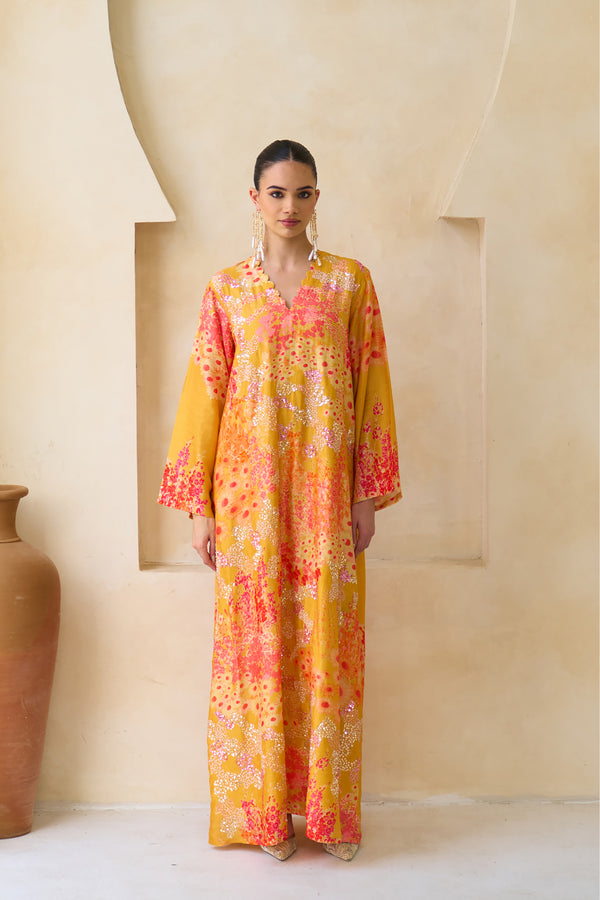 Yasmeen Jalabiya in marigold and coral silk with hand-sequined blossoms