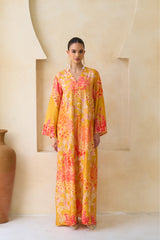 Yasmeen Jalabiya in marigold and coral silk with hand-sequined blossoms