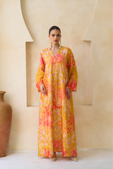 Yasmeen Jalabiya in marigold and coral silk with hand-sequined blossoms