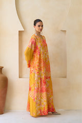 Yasmeen Jalabiya in marigold and coral silk with hand-sequined blossoms