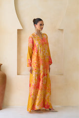 Yasmeen Jalabiya in marigold and coral silk with hand-sequined blossoms