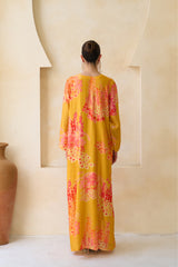 Yasmeen Jalabiya in marigold and coral silk with hand-sequined blossoms