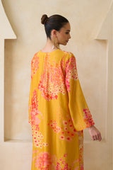 Handcrafted silk Jalabiya with scalloped neckline and flared sleeves
