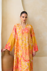 Handcrafted silk Jalabiya with scalloped neckline and flared sleeves