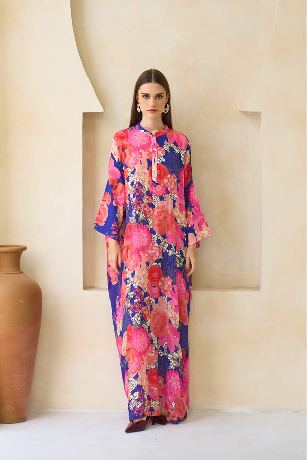 Amwaj Jalabiya – silk jalabiya in magenta, coral and sapphire with hand-done sequins by Archana Shah