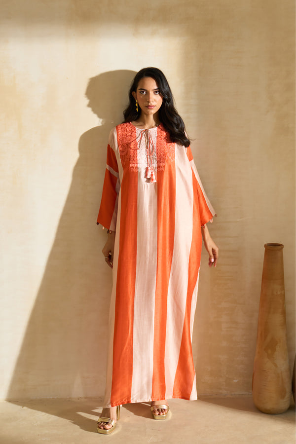 Nisreen Jalabiya – silk embroidered jalabiya with earthy stripes and coral tassels by Archana Shah