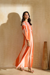 Nisreen Jalabiya – silk embroidered jalabiya with earthy stripes and coral tassels by Archana Shah