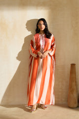 Nisreen Jalabiya – silk embroidered jalabiya with earthy stripes and coral tassels by Archana Shah