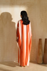 Nisreen Jalabiya – silk embroidered jalabiya with earthy stripes and coral tassels by Archana Shah