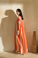 Nisreen Jalabiya – silk embroidered jalabiya with earthy stripes and coral tassels by Archana Shah