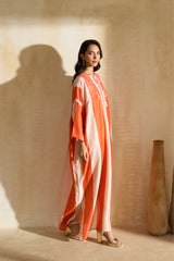 Nisreen Jalabiya – silk embroidered jalabiya with earthy stripes and coral tassels by Archana Shah