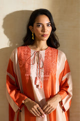 Nisreen Jalabiya – silk embroidered jalabiya with earthy stripes and coral tassels by Archana Shah