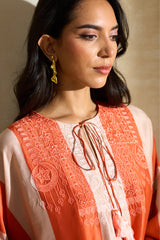 Nisreen Jalabiya – silk embroidered jalabiya with earthy stripes and coral tassels by Archana Shah