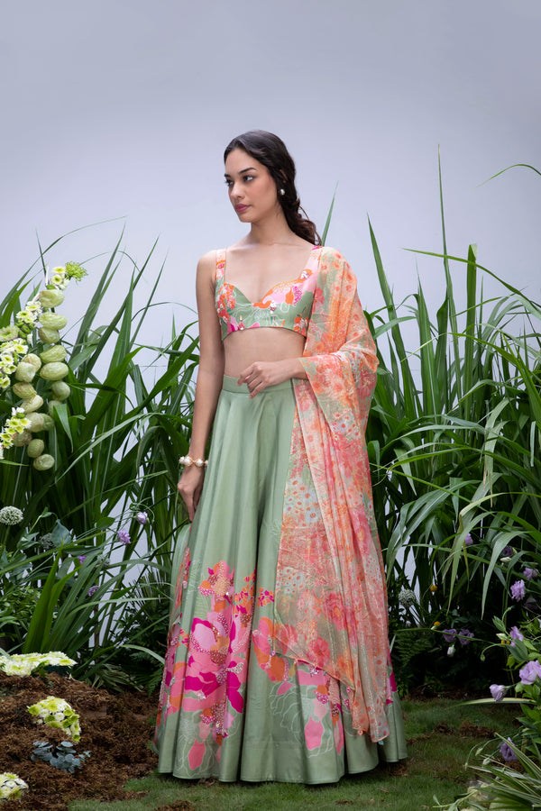 Green Wildflower Center Print Lehenga Set