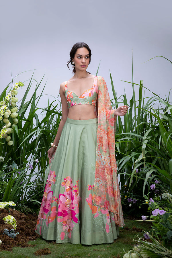 Green Wildflower Center Print Lehenga Set