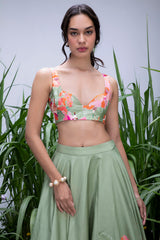 Green Wildflower Center Print Lehenga Set