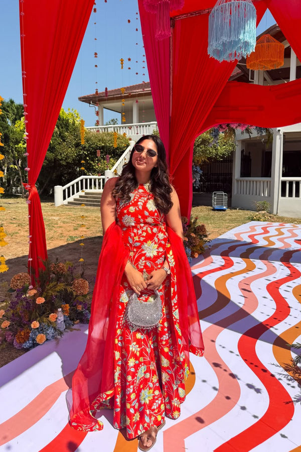 Neha Rath in Scarlet Halter Neck Sharara