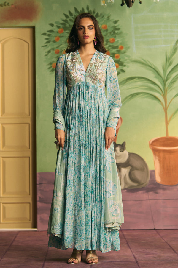 Teal Floral Pleated Anarkali Set - Archana Shah