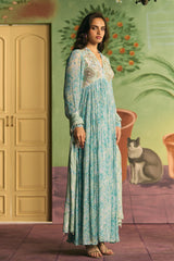 Teal Floral Pleated Anarkali Set - Archana Shah