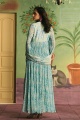 Teal Floral Pleated Anarkali Set - Archana Shah