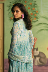 Teal Floral Pleated Anarkali Set - Archana Shah