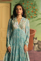 Teal Floral Pleated Anarkali Set - Archana Shah