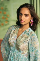 Teal Floral Pleated Anarkali Set - Archana Shah