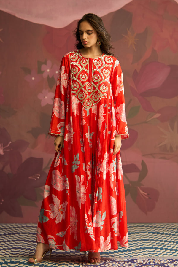 Crimson Red Floral Printed Kurta Set - Archana Shah