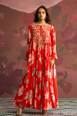 Crimson Red Floral Printed Kurta Set - Archana Shah