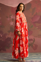 Crimson Red Floral Printed Kurta Set - Archana Shah