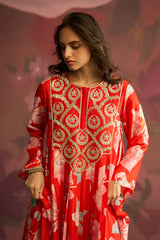 Crimson Red Floral Printed Kurta Set - Archana Shah