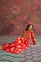 Crimson Red Floral Printed Kurta Set - Archana Shah