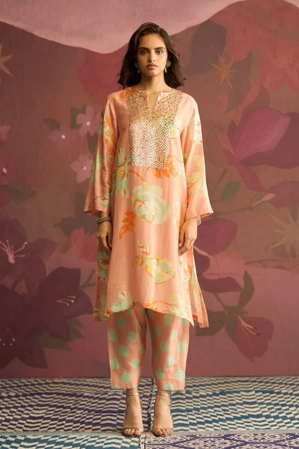 Peach Floral Designer Kurta Set with Mirror Work - Archana Shah