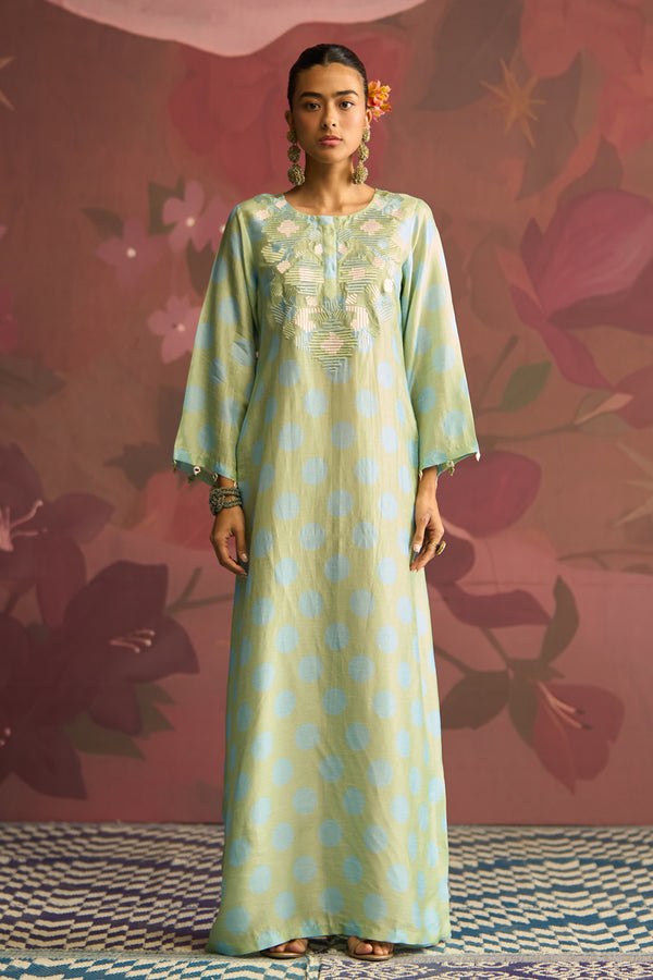 Sage Dune Silk Blend Designer Kaftan - Archana Shah