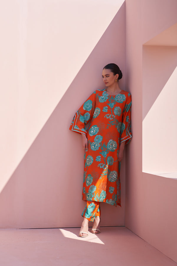 Orange Moroccan Jaal Kurta Set