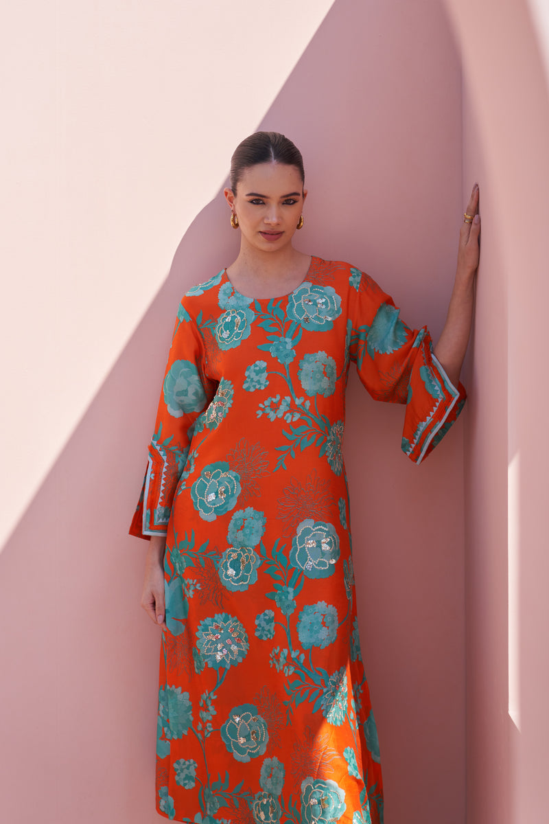 Orange Moroccan Jaal Kurta Set