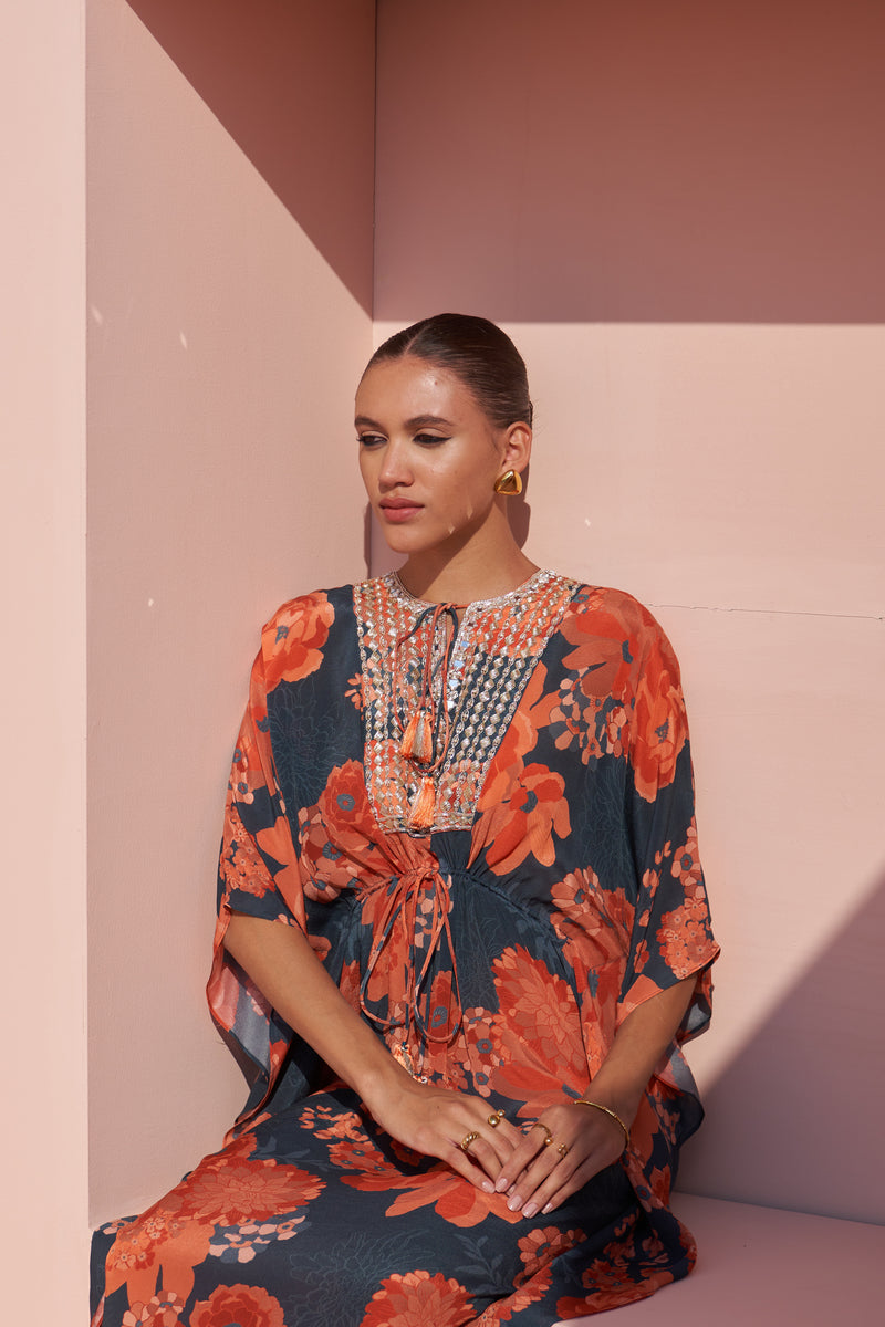Navy Moroccan Zari Yoke Kaftan