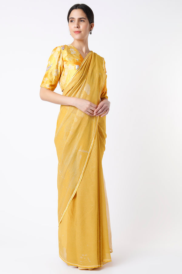 Yellow Shimmer Saree And Printed Blouse