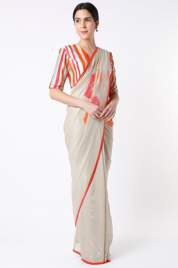 Ivory Shimmer Saree And Printed Blouse