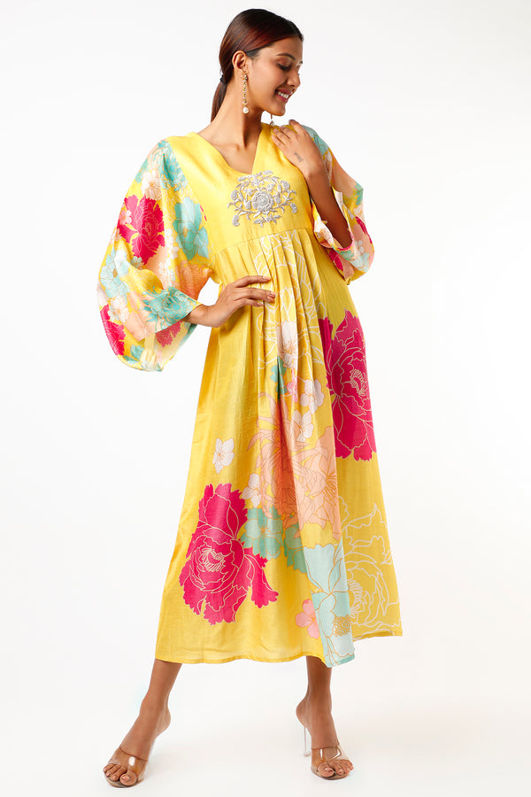 Yellow Printed & Hand Embroidered Tunic