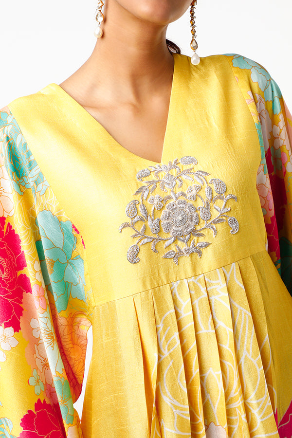 Yellow Printed & Hand Embroidered Tunic